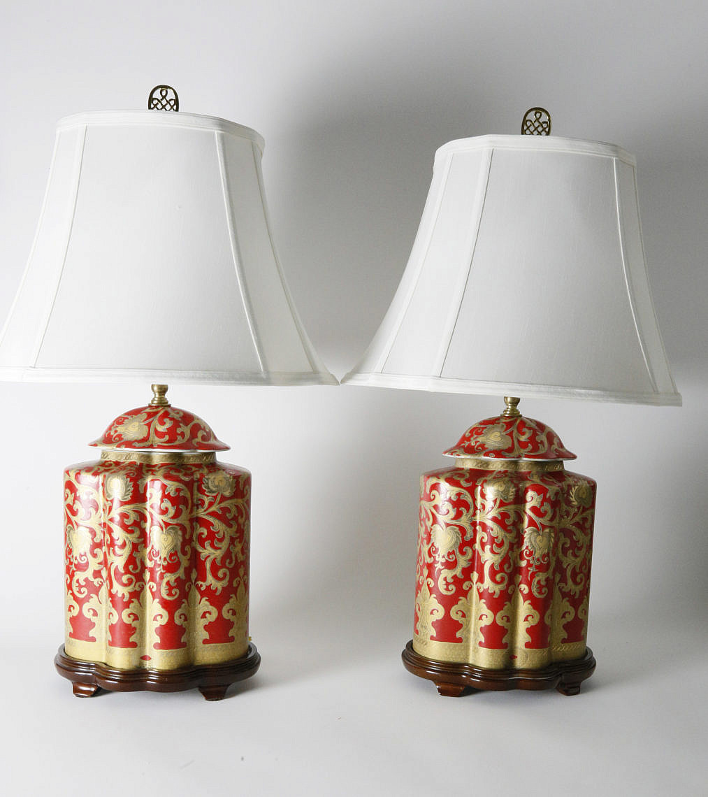 Pair of Chinese Red Glazed Porcelain Lamps Pair of Chinese Red Glazed